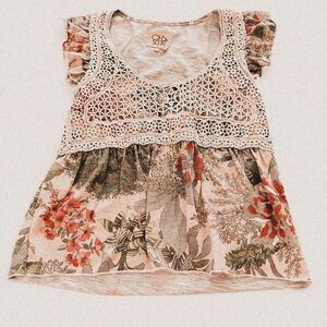 Chaser Boho Crochet layered Tropical Tee | Festival Hippie Mixed Media Top small